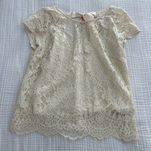 Cream short sleeve lace tie up top